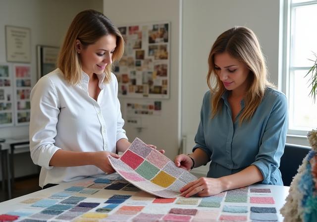An interior designer reviewing fabric swatches with a Southern Weave Textiles consultant.