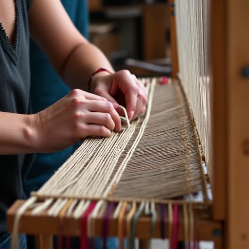 An artisan's hands guiding thread on a large wooden weaving loom.